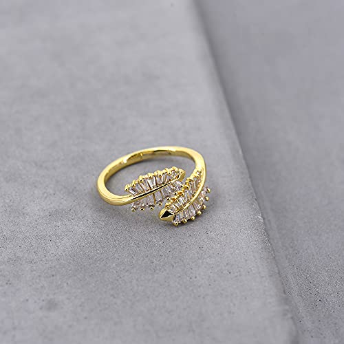 18K Gold Plated CZ Open Ring Double Leaf Wrap Rings Adjustable | CZ Stacking Ring in Gold | Unique Statement Ring Cocktail Party Ring Hypoallergenic - style: Small Leaf