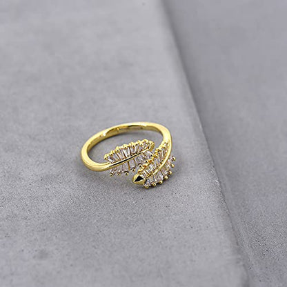 18K Gold Plated CZ Open Ring Double Leaf Wrap Rings Adjustable | CZ Stacking Ring in Gold | Unique Statement Ring Cocktail Party Ring Hypoallergenic - style: Small Leaf