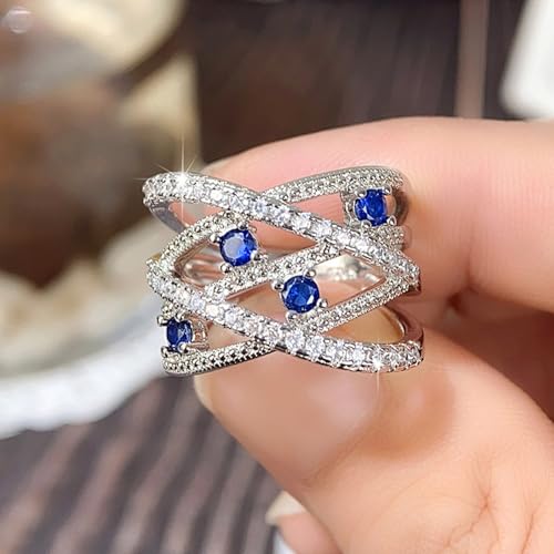 PAVOOI 14K Gold Plated X Ring Simulated Diamond CZ Criss Cross Ring for Women Juude Jewelers Silver Rose Gold Braided Wrap Knot Style Promise Statement Cocktail Party Ring(Silver Blue.A-US Code-6) - color: Silver Blue.A, size: (US Code-6)