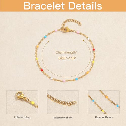 6 PCS Enamel Beaded Chains Bracelet Stainless Steel Link Bracelets | 6.7"+1.18", With Extender Chain, Fashion Jewelry Set, Gift For Women, Colorful, No Fade - color: Colorful Gold