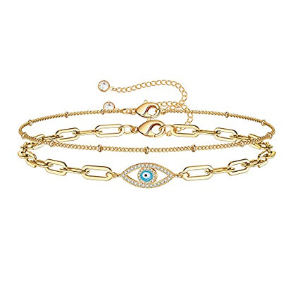 Dainty Gold Bracelets for Women, 14K Gold Plated Adjustable Layered Beads Bracelet Cute Evil Eye Oval Chain Pearl Bar Turtle Gold Bracelets for Women Jewelry - style: Beads Chain&Evil Eye