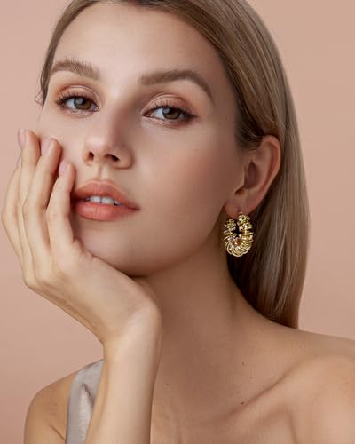 18K Gold Plated Chunky Curve Twisted Open Hoop Statement Stud Earrings with CZ for Women by SNGIA, Large Handmade Spiral Texture Braided Formal Trendy Hoop Jewelry Gifts, Big Circle Geometric Shell Beachy Vacation Fashion Hanging Earrings Accessories, Vin