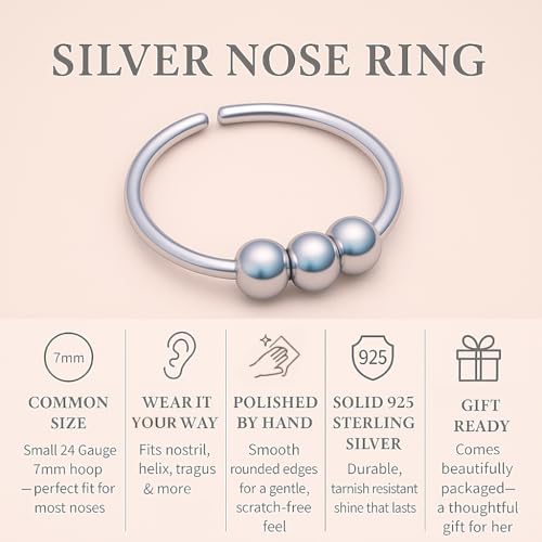 Jolliz Beaded Nose Rings Hoops – 24 Guage Nose hoops Handmade with Classic Design, Hypoallergenic Nose Rings for Women, Nose Piercings for Stylish Everyday Wear - color: Silver