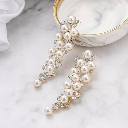 BriLove Women's Wedding Bridal Crystal Simulated Pearl Multi Beaded Cluster Chandelier Dangle Earrings - color: Ivory Color