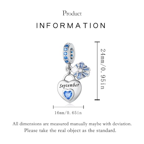 925 Sterling Silver Birthstone Bracelet Charm - Unique Heart Shaped Design, Fits most Europe Pandora Bracelets and Necklaces, women's DIY holiday Gifts - style: I-September