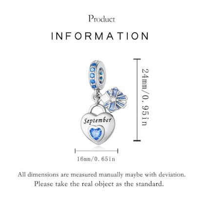 925 Sterling Silver Birthstone Bracelet Charm - Unique Heart Shaped Design, Fits most Europe Pandora Bracelets and Necklaces, women's DIY holiday Gifts - style: I-September