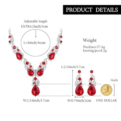 Women's Wedding Bridal Crystal Multi Teardrop Cluster Statement Necklace Dangle Earrings Set - color: 03-Ruby Color Silver-Tone