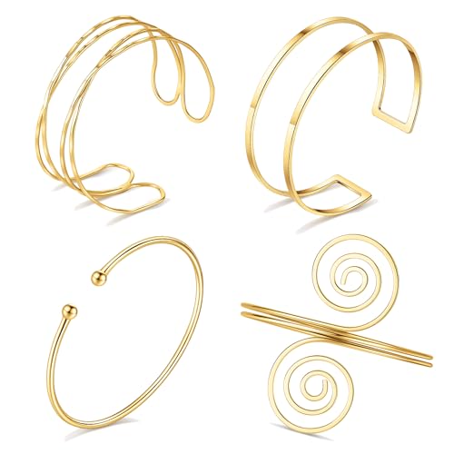 FIRAZIO 4PCS Arm Cuff Jewelry for Women | Upper Arm Cuff Bangle Band Armlet Adjustable Arm Cuff Bracelet Set - style: 4C-Gold