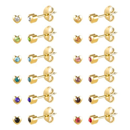 12 Pairs Ear Piercing Stud Earrings for Ear Piercing Guns, Surgical Stainless Steel Multicolor Round Heart Star Cubic Zirconia Birthstone Stud Earrings Set - style: Gold heart 4mm