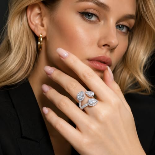 Aura & Irena 18K Gold Plated Pear-Shaped Cocktail Rings for Women, Non-Tarnish Adjustable Statement Ring with 3A Cubic Zirconia, Gift for Family Friend - color: Silver
