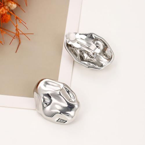 REELMAR Chunky Geometric Clip On Earrings for Women Trendy Gold-Plated Thick Hammered Rectangle Dupes Earrings Minimalist Statement Earrings No Piercing Clips - color: Irregular-Silver