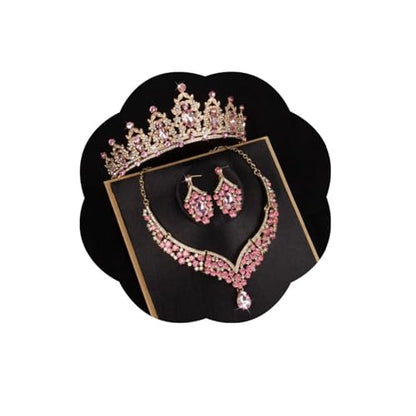 Crowns and Tiaras jewelry sets for Wedding princess birthday party Halloween Prom Pageant Jewelry for Women Crystal Bridal Jewelry Set for women - color: Gold Pink