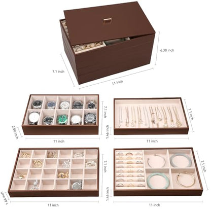 Voova Stackable Jewelry Organizer Tray with Lid (Set of 4, Coffee) | Stackable PU leather jewelry trays with drawer inserts for earrings, rings, necklaces, bracelets and watches; set of 4 - color: Caramel Brown