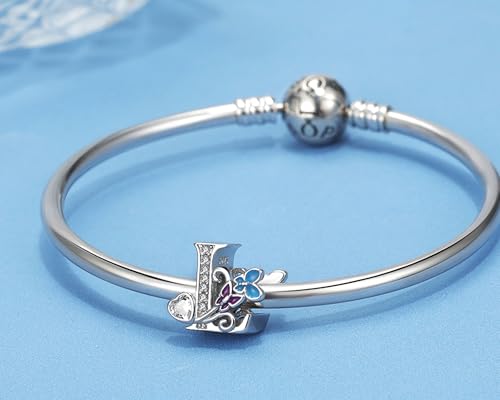 S925 Silver Butterfly Initial Letter Charms Fit for Pandora Charms Bracelets and Necklace Alphabet Bead Charms Jewelry Gifts for Women - color: L