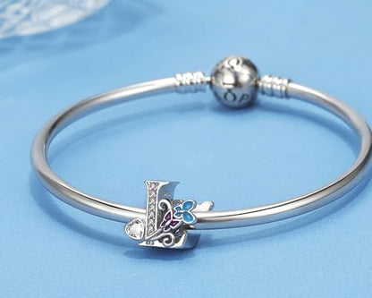S925 Silver Butterfly Initial Letter Charms Fit for Pandora Charms Bracelets and Necklace Alphabet Bead Charms Jewelry Gifts for Women - color: L