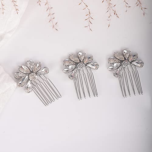 Teyglen Simple Rhinestones Crystal Bride Wedding Hair Comb Set Handmade Red Blue Black Crystal Side Hair Combs Bridal Hair Jewelry Set for Women Bride Girls (Silver) - color: Silver
