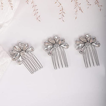 Teyglen Simple Rhinestones Crystal Bride Wedding Hair Comb Set Handmade Red Blue Black Crystal Side Hair Combs Bridal Hair Jewelry Set for Women Bride Girls (Silver) - color: Silver