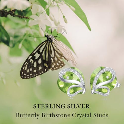 Butterfly Heart Birthstone Crystal Stud Earrings for Women S925 Sterling Silver Heart Birthstone Studs Birthday Gifts for Wife Mother Daughter Girlfriend Mom - color: 08-August