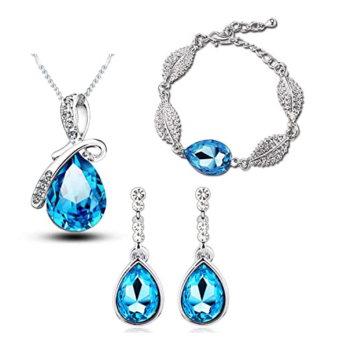 4 Pieces Fashion Teardrop Crystal Rhinstone Pendant Necklace Earring Bracelet Jewelry Set for Women Lady Wedding Birthday Party Prom Gifts - color: Sea Blue