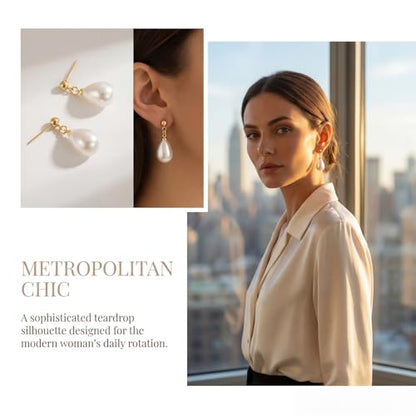Hypoallergenic Pearl Earrings Set for Women | S925 Sterling Silver & Stainless Steel, Daisy Heart & Hook & Teardrop Dangle & Huggie Hoop, Simulated Pearl, Sensitive Ears - color: Yellow Gold Teardrop pearl