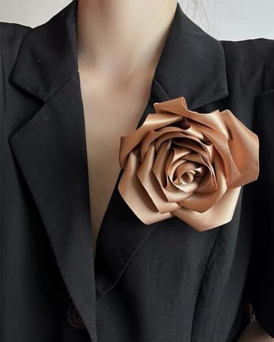 Satin Rose Flower Large Brooch Lapel Pins Handmade Fabric Flower Brooches Pin Classic for Wedding Party Dance Banquet for Women Men Dress Suit Clothes Accessories JewelryGifts 110mm - color: Khaki