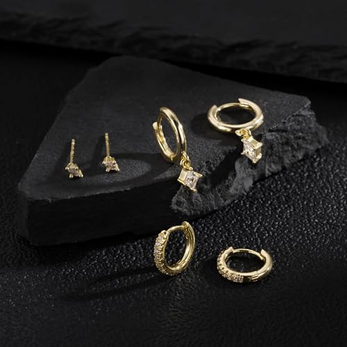Earrings for Men 14K Gold Plated Hypoallergenic Mens Hoop Earrings | Cubic Zirconia Round/Square Stud with Huggie Hoop Earring Set,Mens Cartilage Studs for Sensitive Ear,Jewelry Gift for Him - color: Gold 3Pairs CZ Earrings Set