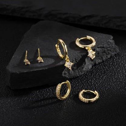 Earrings for Men 14K Gold Plated Hypoallergenic Mens Hoop Earrings | Cubic Zirconia Round/Square Stud with Huggie Hoop Earring Set,Mens Cartilage Studs for Sensitive Ear,Jewelry Gift for Him - color: Gold 3Pairs CZ Earrings Set
