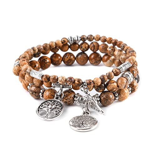 YGLINE Tree of Life Yoga Healing Stone Bracelets,Multilayer Lotus Chakra Stone Reiki Bracelet Sets,Anxiety Crystal Natural Stone,for Women Stress Relief - color: Picture Jasper-3w