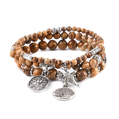 YGLINE Tree of Life Yoga Healing Stone Bracelets,Multilayer Lotus Chakra Stone Reiki Bracelet Sets,Anxiety Crystal Natural Stone,for Women Stress Relief - color: Picture Jasper-3w