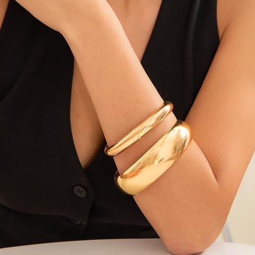 Frodete Chunky Gold Bangles for Women Non Tarnish Chunky Wide Cuff Bracelets Silver Cuff Bangle Bracelet Trendy Statement Minimalist Jewelry Gifts - color: A38:gold bangles