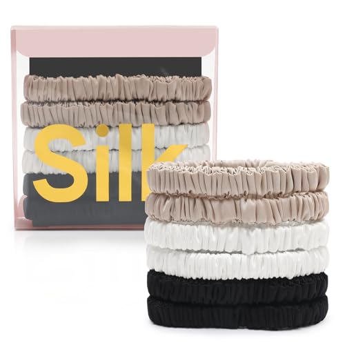 6Pcs Silk Hair Ties 100% Pure Mulberry Silk Scrunchies for Women Girls | No Hair Crease, Anti Frizz, Gentle Hold, No Damage, Color 07 - color: Black&White&Champagne