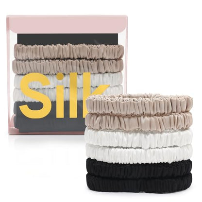 6Pcs Silk Hair Ties 100% Pure Mulberry Silk Scrunchies for Women Girls | No Hair Crease, Anti Frizz, Gentle Hold, No Damage, Color 07 - color: Black&White&Champagne