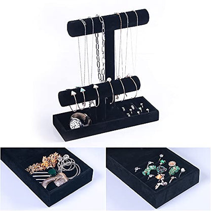 Coward 2 Tier Necklace Bracelet Holder Organizer With ring Tray, Multi-use Jewelry Display Stand For Necklace Bracelet Bangle Watch Scrunchie (Black/no Lid) - color: Black Velvet