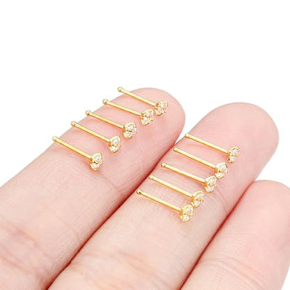 Hoeudjo Nose Studs Surgical Steel Cubic Zirconia Nose Rings Kit for Women Men Tiny Nose Stud Bone & Screw & L Shaped Nostril Piercing Jewelry 24/22/20/18 Gauge 10 Pieces - color: gold-tone,nose bone studs, size: 22g/2mm clear CZ