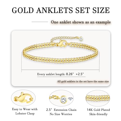 21PCS Gold Ankle Bracelets for Women, Boho Shell Bead Cuban Link Chain Waterproof Gold Anklets Set, Adjustable Layered Anklets for Women Beach Jewelry Gift - color: Gold