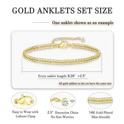 21PCS Gold Ankle Bracelets for Women, Boho Shell Bead Cuban Link Chain Waterproof Gold Anklets Set, Adjustable Layered Anklets for Women Beach Jewelry Gift - color: Gold