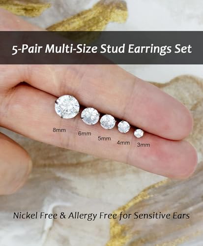 Stainless Steel Stud and Hoop Earrings Sets for Ear Stacks | Choose gold or silver pearl studs, CZ studs, flat backs, butterfly backs, hoops and multi-pair ear stack sets. - color: 5 Pairs 20G Silver
