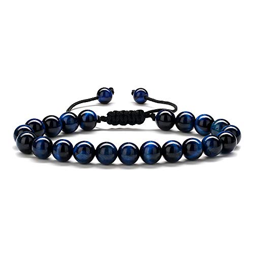 M MOOHAM Mens Bracelet - Beaded Natural Stone 8mm Tiger Eye Matte Agate Lava Rock Bracelets for Men Teen Boys Grandpa Dad Birthday Gifts Jewelry - style: Blue Tiger Eye Bracelet