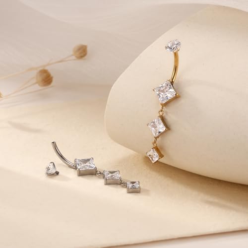 FUNLMO Dangle Belly Button Ring Titanium Belly Rings Belly Button Piercing Cube Zircon Internally Threaded Floating Navel Piercing Jewelry 14G 10mm - color: Silver,Clear CZ