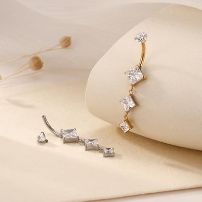 FUNLMO Dangle Belly Button Ring Titanium Belly Rings Belly Button Piercing Cube Zircon Internally Threaded Floating Navel Piercing Jewelry 14G 10mm - color: Silver,Clear CZ