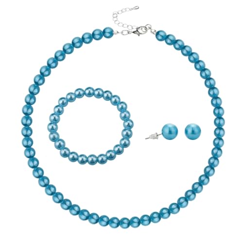 Simulated Pearl Jewelry Set Glass Imitation Pearls Choker Necklace Stud Earrings Elastic Bracelet Costume Jewelry for Women - color: Blue