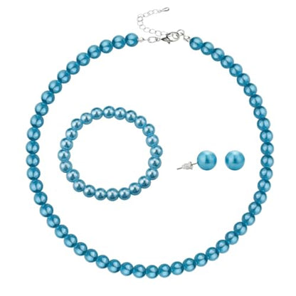 Simulated Pearl Jewelry Set Glass Imitation Pearls Choker Necklace Stud Earrings Elastic Bracelet Costume Jewelry for Women - color: Blue