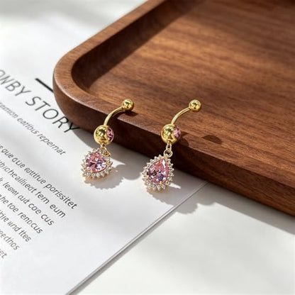 14G Heart and Waterdrop Dangle Belly Button Rings | Stainless Steel, Pink CZ, Dangle Charm Belly Rings, Navel Piercing Barbell, Body Piercing Jewelry - color: Gold