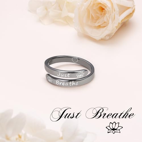 Ladytree Adjustable Inspirational Rings 925 Sterling Silver Stacking Wrap Spiral Twist Statement Band Encouragement Birthday Gift for Women Men - style: just breathe black