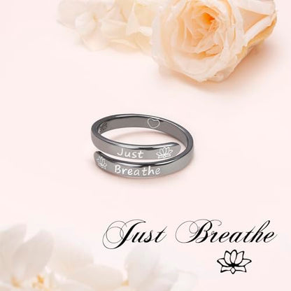 Ladytree Adjustable Inspirational Rings 925 Sterling Silver Stacking Wrap Spiral Twist Statement Band Encouragement Birthday Gift for Women Men - style: just breathe black