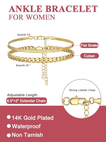 FOCALOOK Anklet Bracelets Set for Women, 14K Gold Plated Layered Anklet Set | Adjustable for Large Ankle, Cuban/Snake/Figaro/Paperclip Chain, Waterproof & Non Tarnish for Everyday Wear, Beach & Summer - color: A:2Pcs-Anklet Set-Gold