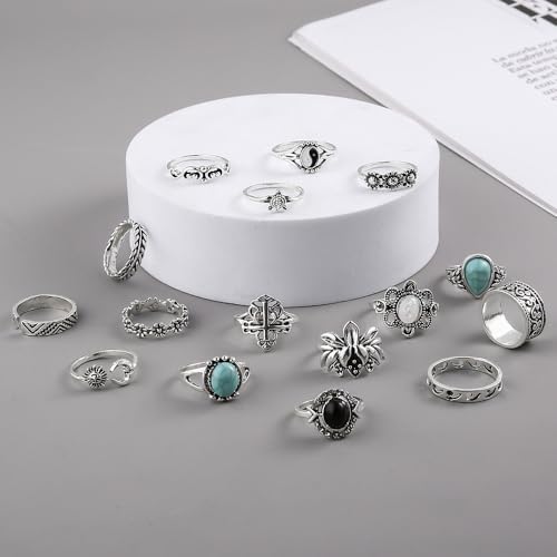Airvess Vintage Knuckle Rings Set, Chunky Turquoise Stackable Rings, Silver Joint Finger Stacking Rings, Bohemian Western Jewelry for Women - style: 16 Pcs