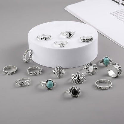 Airvess Vintage Knuckle Rings Set, Chunky Turquoise Stackable Rings, Silver Joint Finger Stacking Rings, Bohemian Western Jewelry for Women - style: 16 Pcs