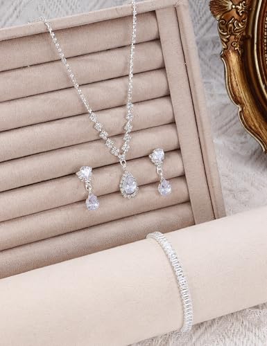 sailimue Wedding Jewelry Sets for Brides Bridesmaid Women Prom jewelry | Silver Plated Rhinestone Crystal Necklace Bracelet Earrings Wedding Bridal Bridesmaid Costume Accessories - color: Silver B
