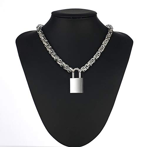Heart Padlock Collar Stainless Steel Lock Necklace Byzantine Chain Necklace Locking Collar Choker for Men Women Jewelry - style: C